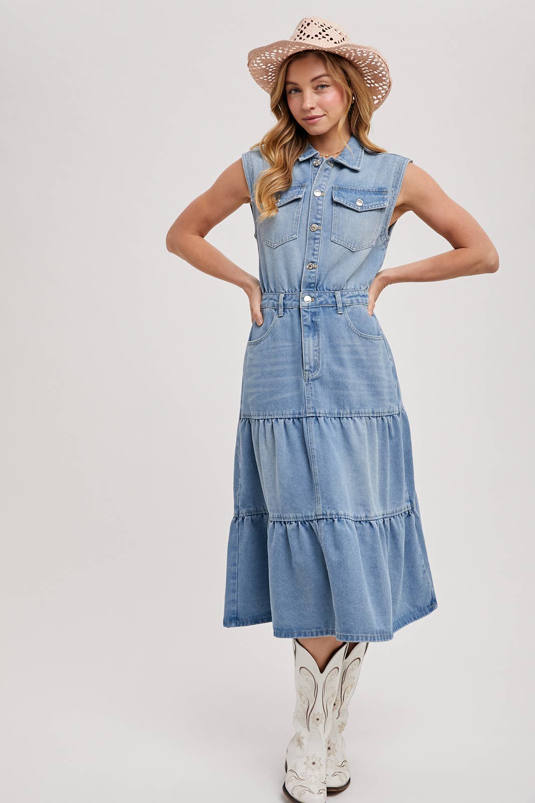DENIM SLEEVELESS SHIRT TIERED MIDI DRESS