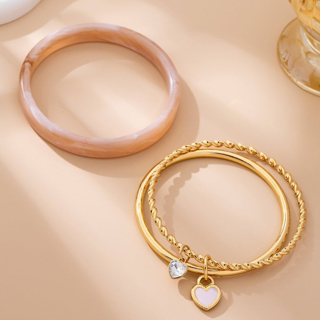 Gold and Acrylic Heart Charm Multi Bangle Set