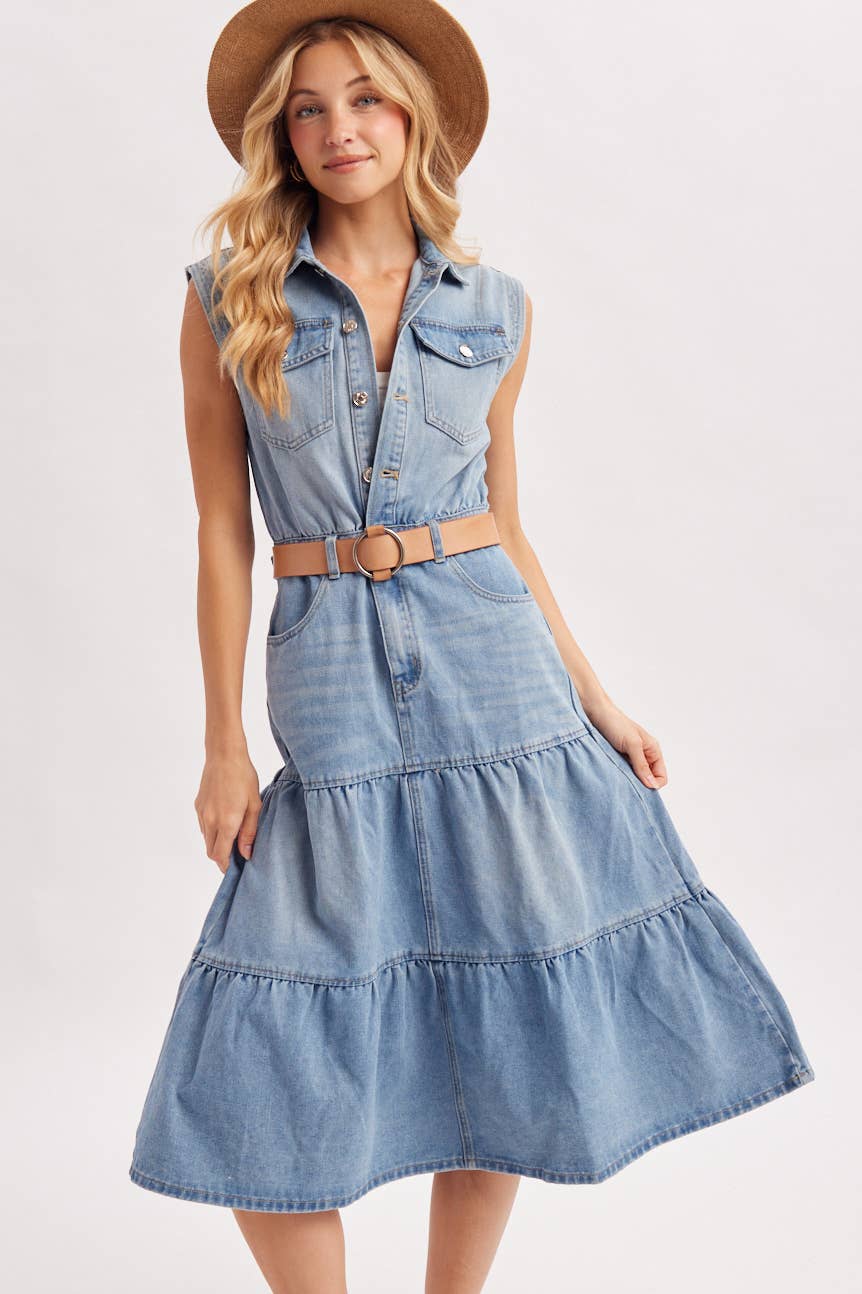 DENIM SLEEVELESS SHIRT TIERED MIDI DRESS