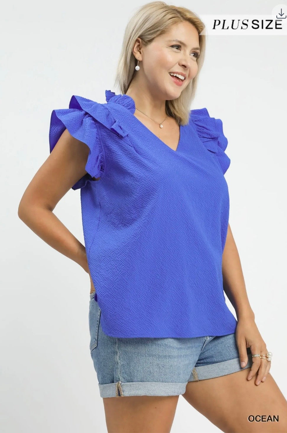 Curvy Textured Ruffle Sleeve V-neck Blouse