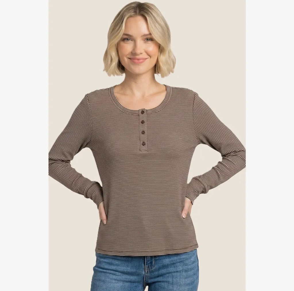 Half Button Pinstripe Long Sleeve Top