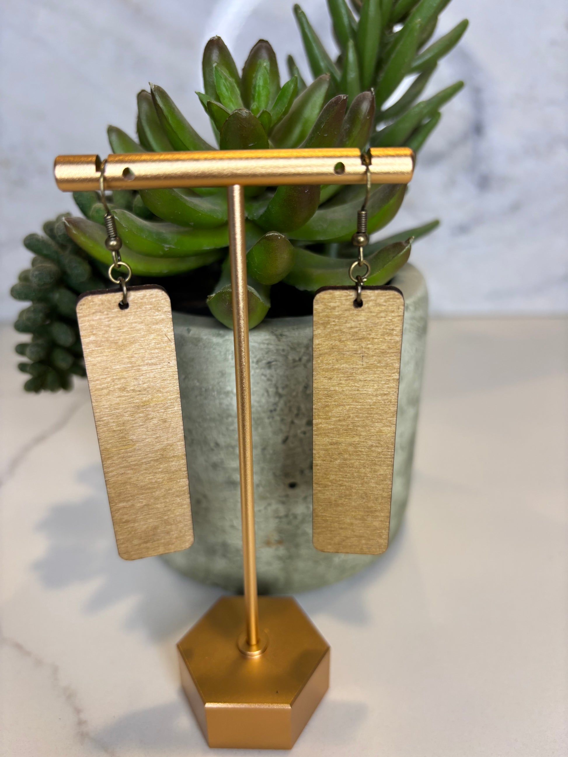 Large Wood Rectangular Dangle Earrings