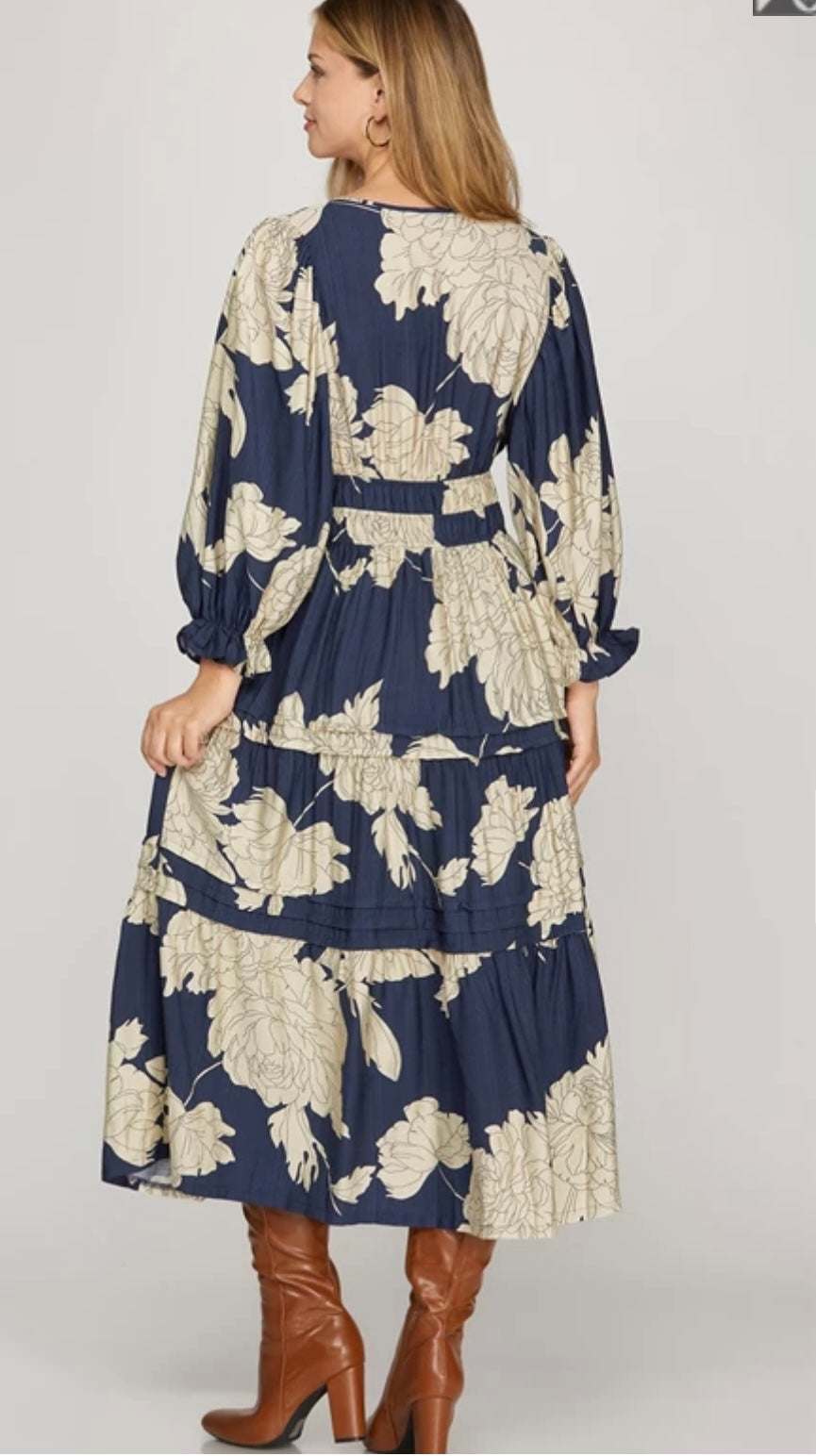 Tiered Floral Print Midi Dress