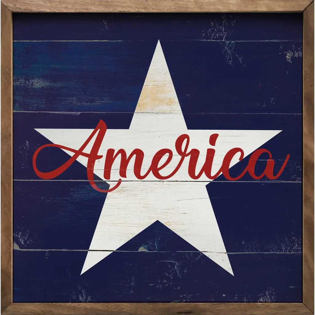 America Star Blue Wooden Sign 8x8