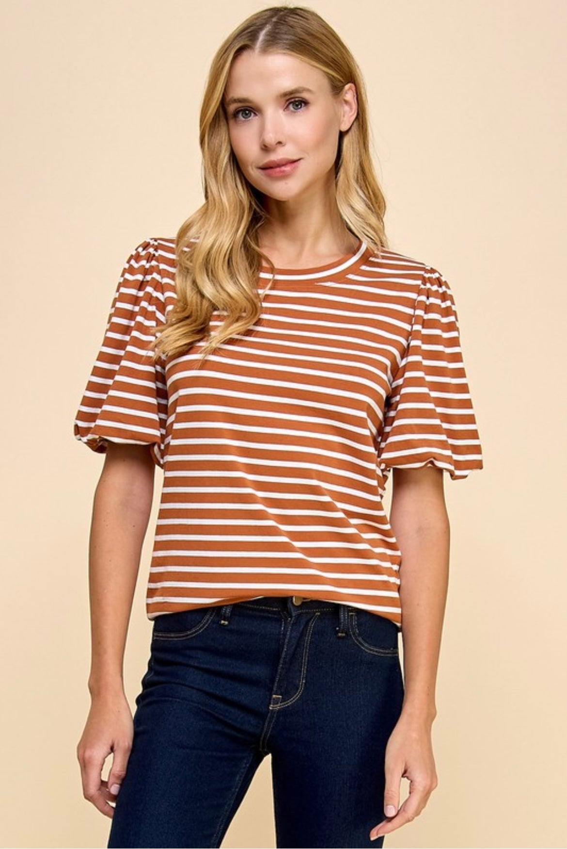 Striped Knit Top with Puff Sleeves