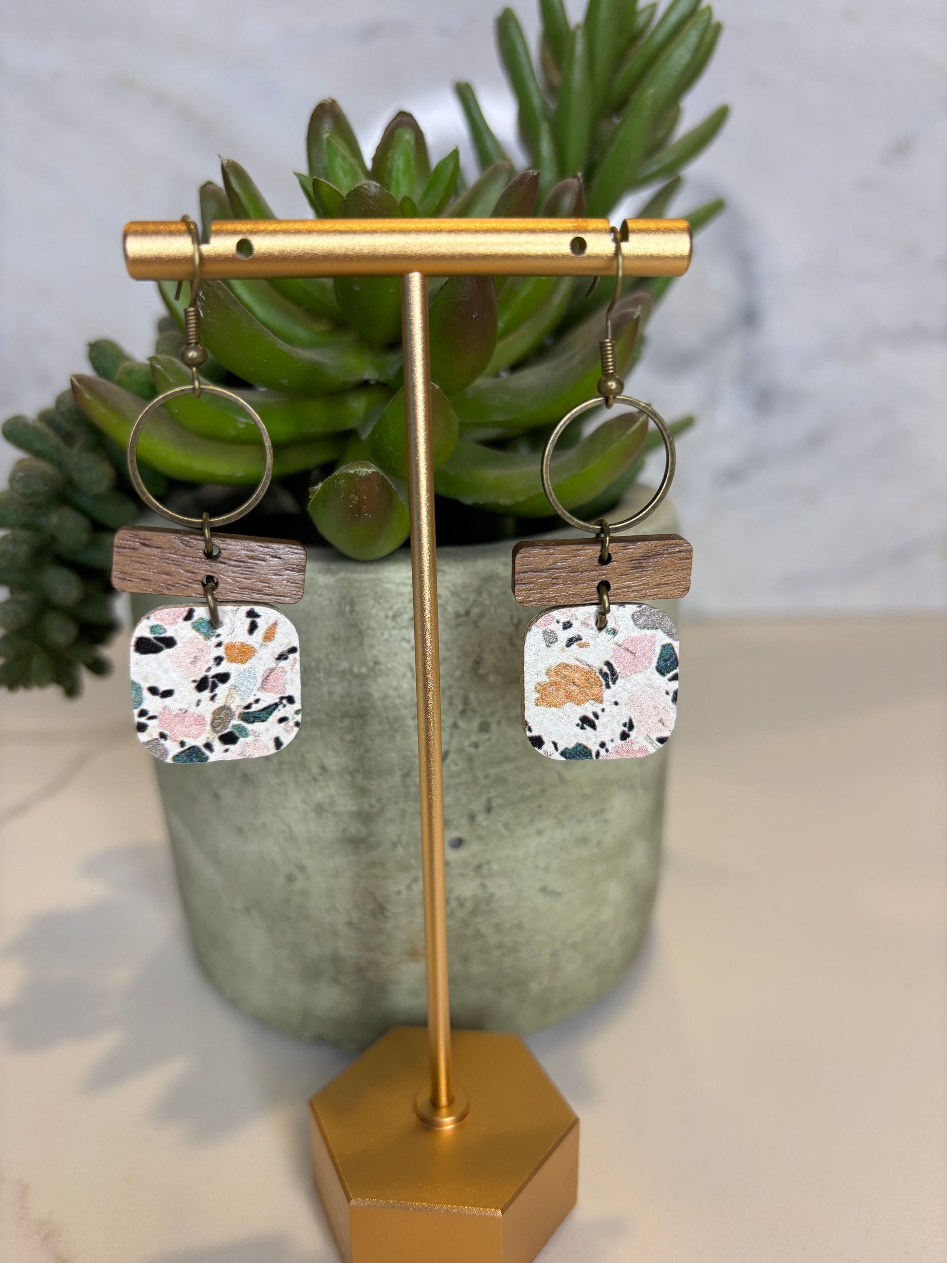 Cream multi-color leather and wood square earrings