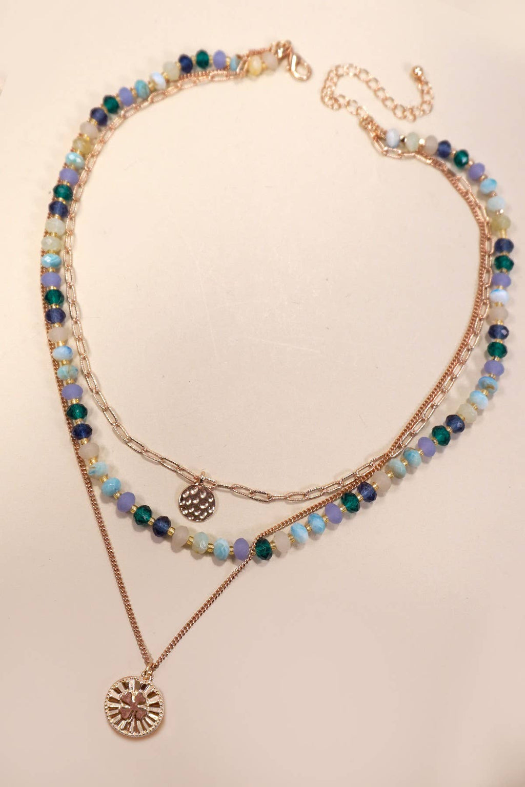 MULTI LAYERED BEADED CLOVER CHARM NECKLACE