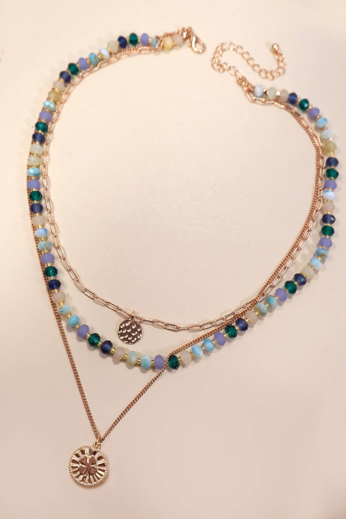 MULTI LAYERED BEADED CLOVER CHARM NECKLACE