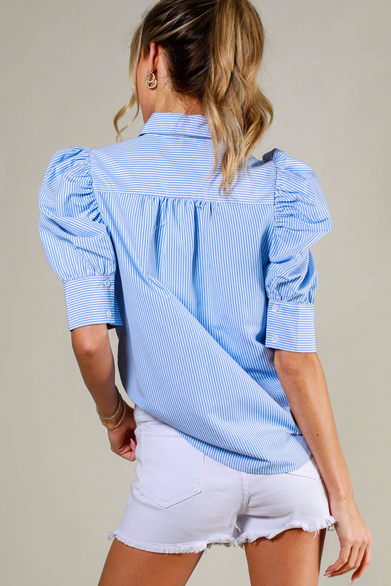 Collared Neck Short Puff Sleeve Striped Blouse