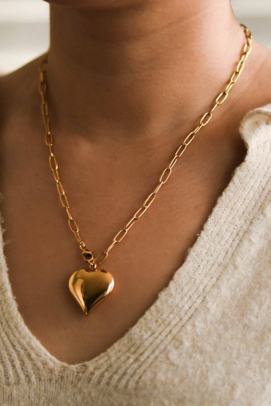 18K Gold Plated Heart Pendant Waterproof Stainless Steel Chain Necklace