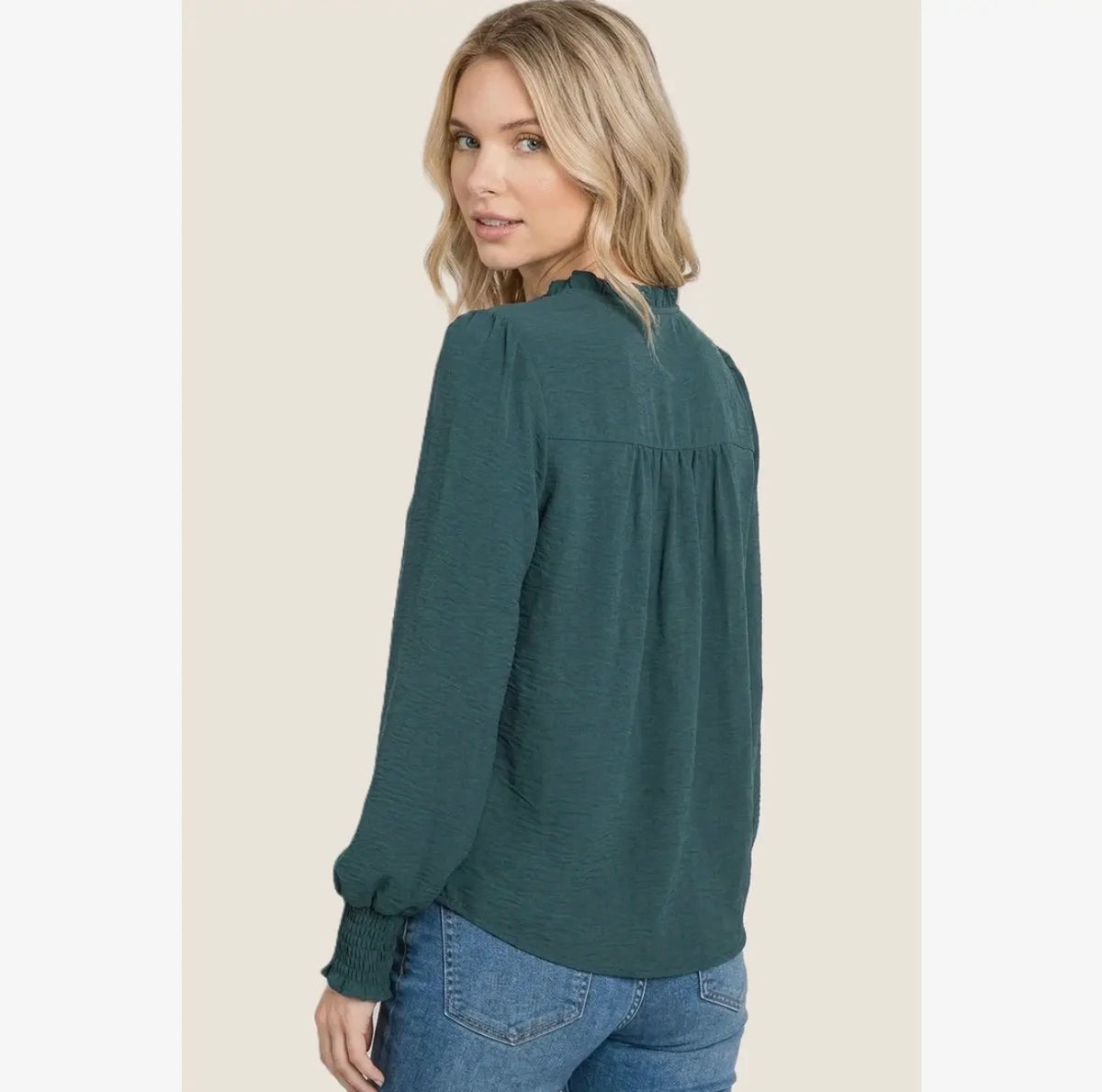 Split Neck Smocked Sleeve Blouse