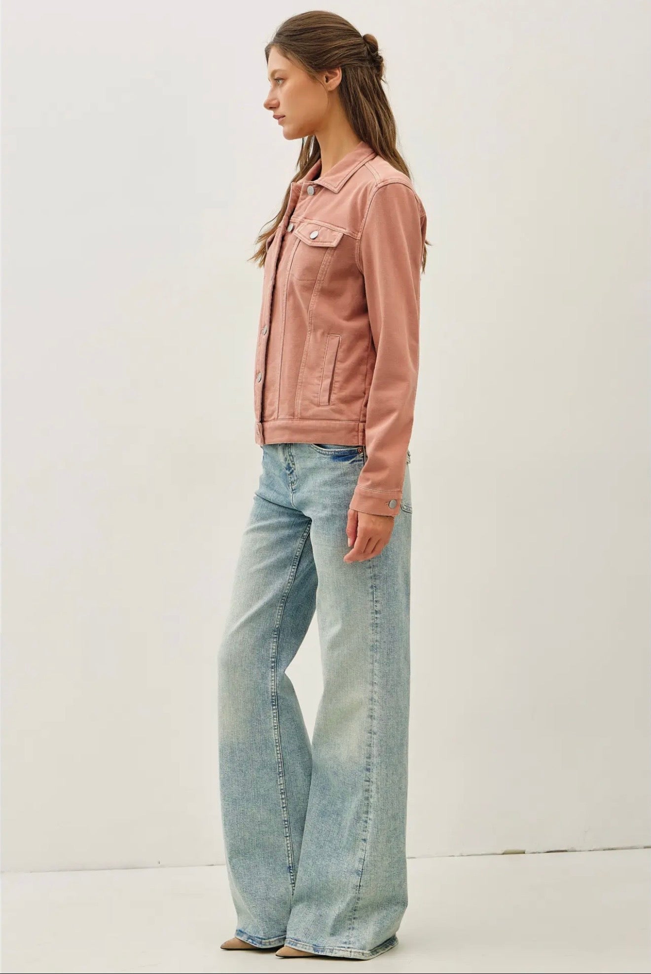 Curvy Garment Dyed Stretch Fleece Trucker Denim Jacket