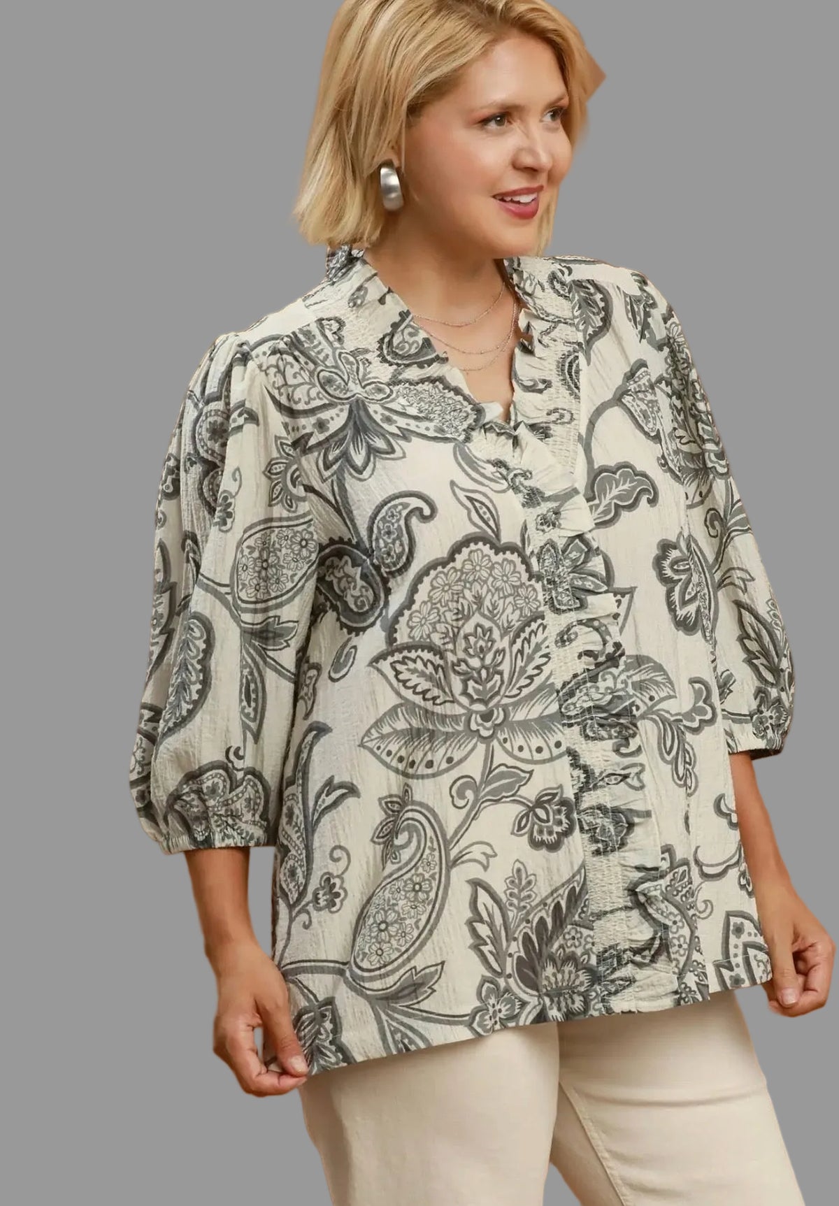 Curvy Paisley Print Ruffle Detail Top
