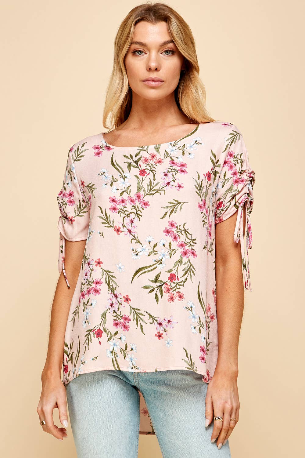 Floral Printed Top with Ruched Sleeves