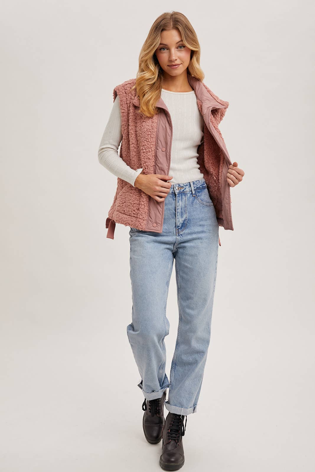 BUTTON DOWN MOCK NECK FLEECE SHERPA VEST