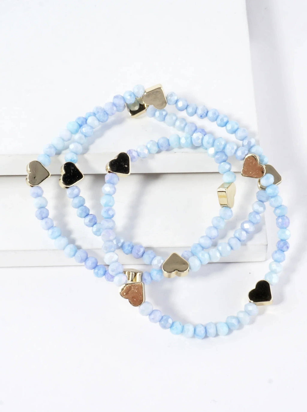 3-PC Set Faceted Glass Beads Hearts Stretch Bracelets