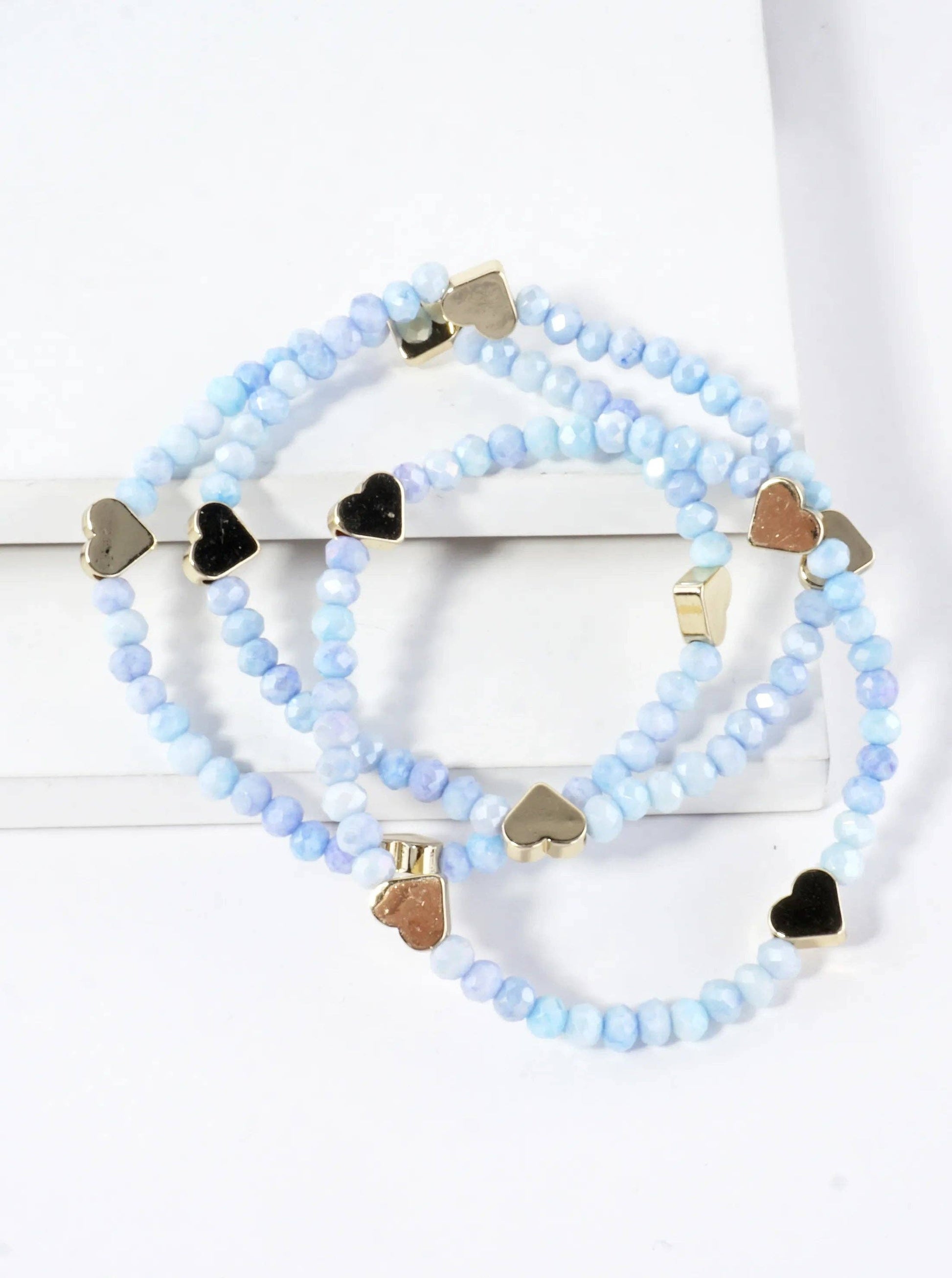 3-PC Set Faceted Glass Beads Hearts Stretch Bracelets