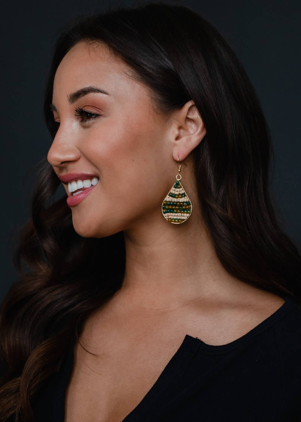 Green/Olive & Tan Beaded Earrings