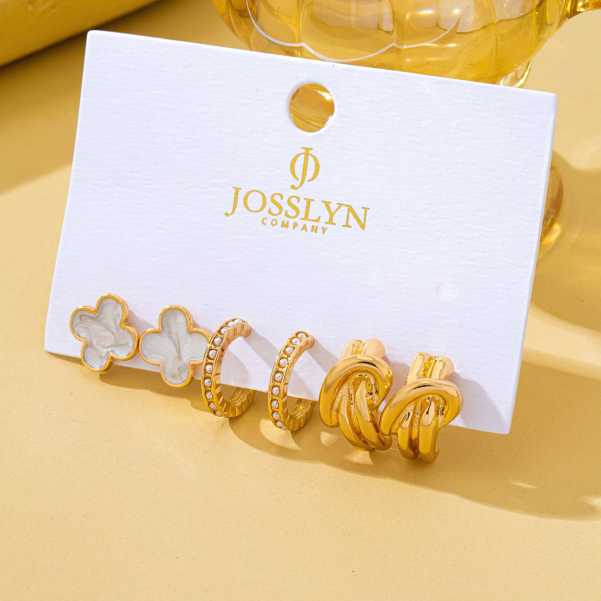 Gold-Tone Clover Pearl Huggie Hoop Earring Trio Se