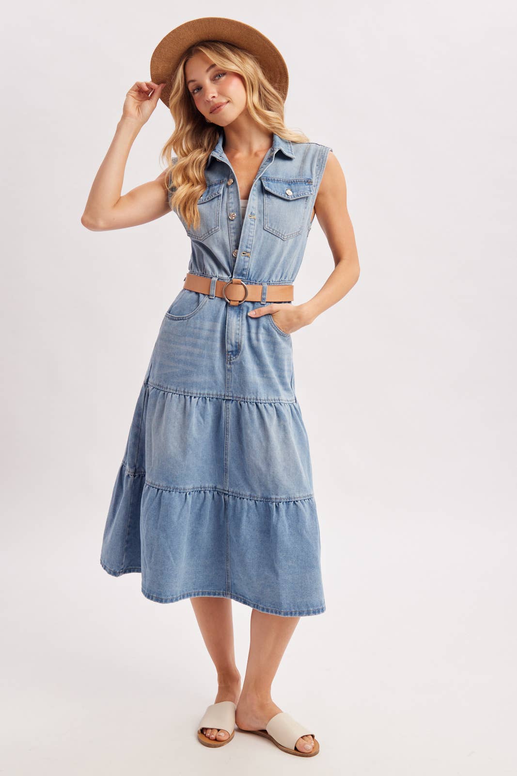 DENIM SLEEVELESS SHIRT TIERED MIDI DRESS