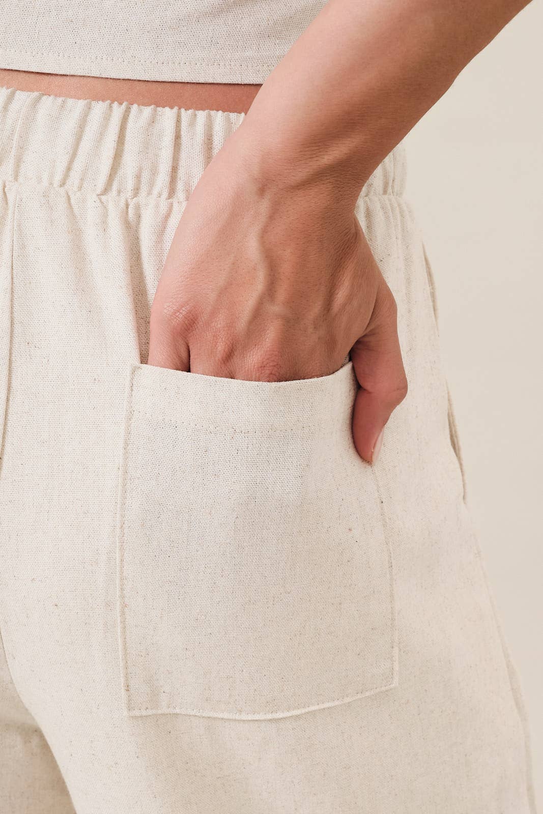ELASTIC WAIST DRAWSTRING BACK PATCH POCKET WIDE LINEN PANTS