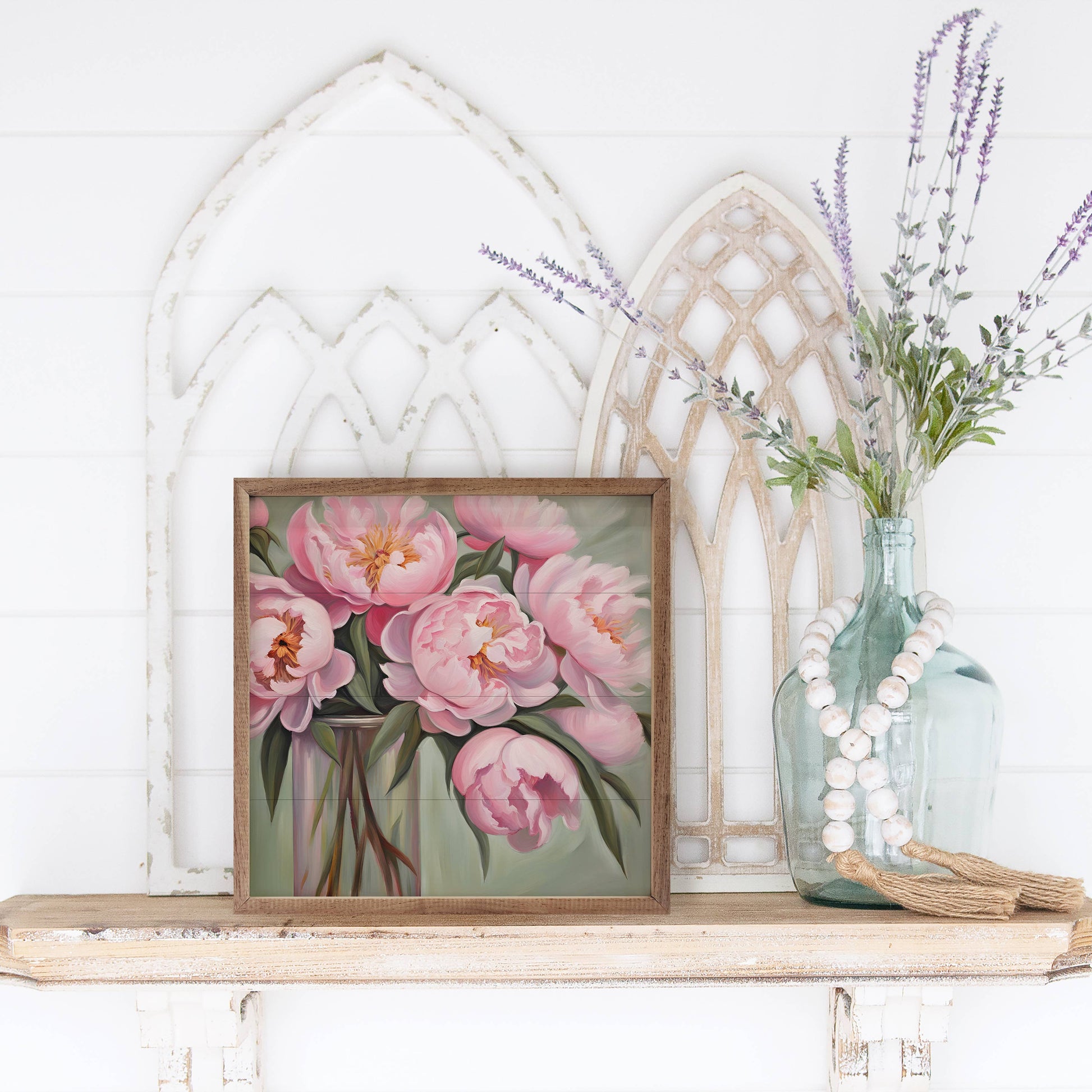 Pink Peony Bouquet Vase Wooden Sign 8 x 8