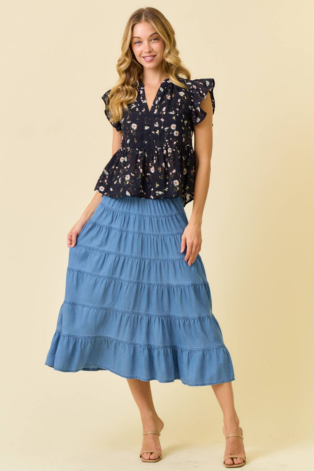 FLORAL PRINTED RUFFLE SLEEVE TOP
