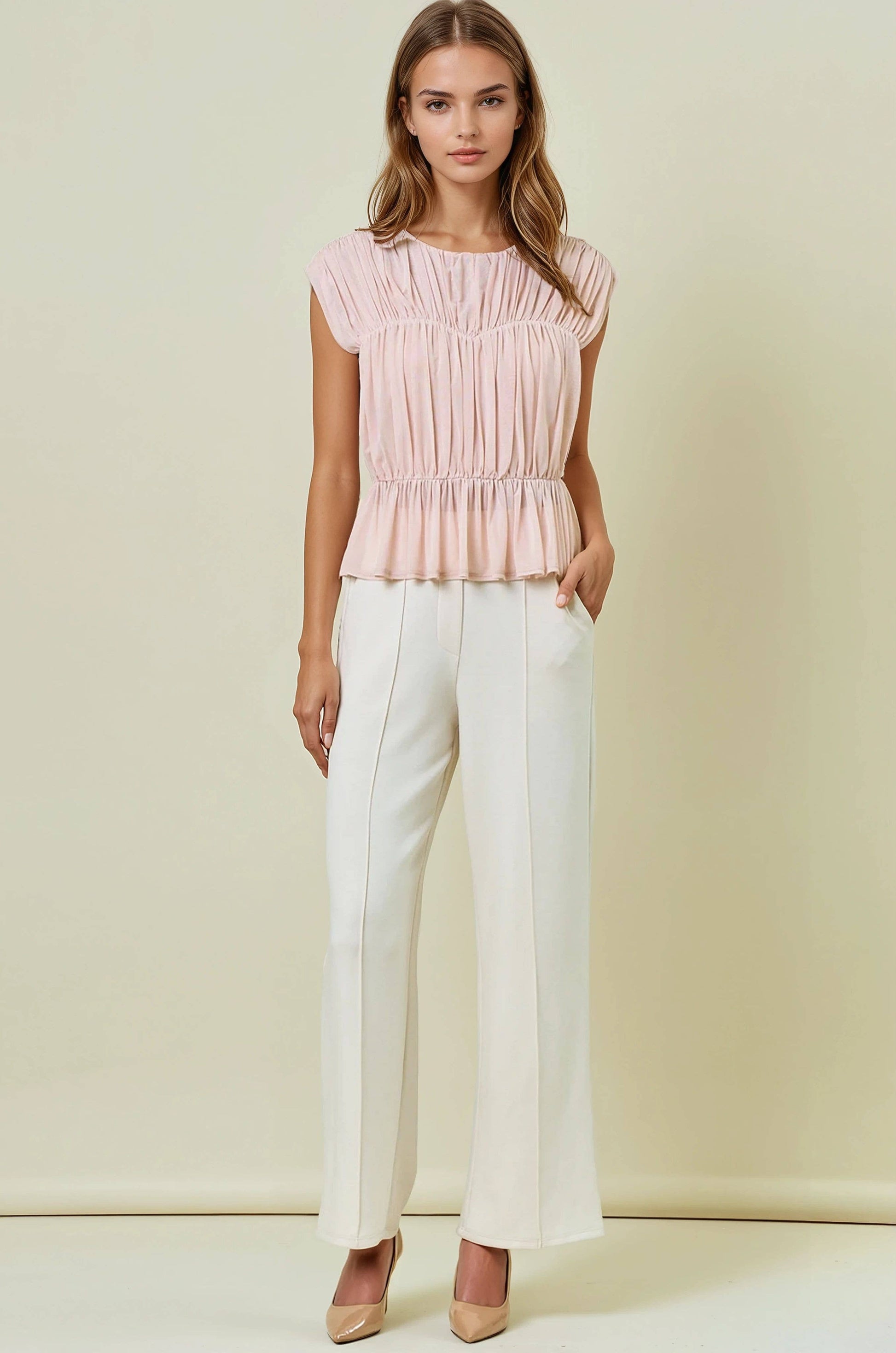 SEMI SHEER SHIRRED PEPLUM KNIT TOP