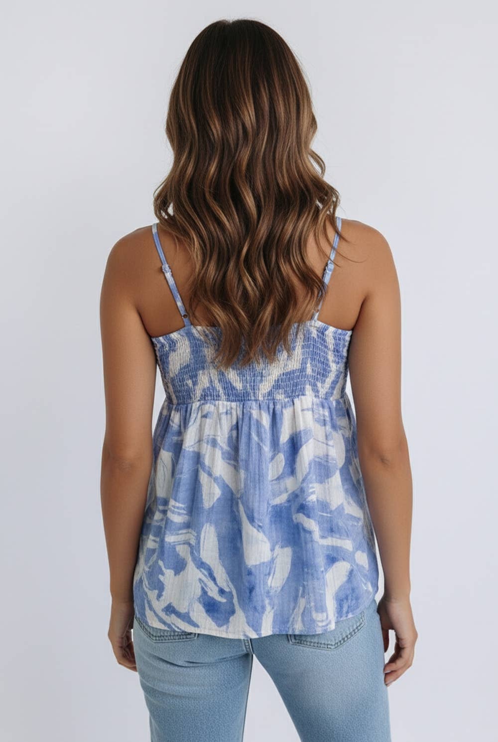 CRINKLE WOVEN SMOCKED CHEST FRONT TIE TOP