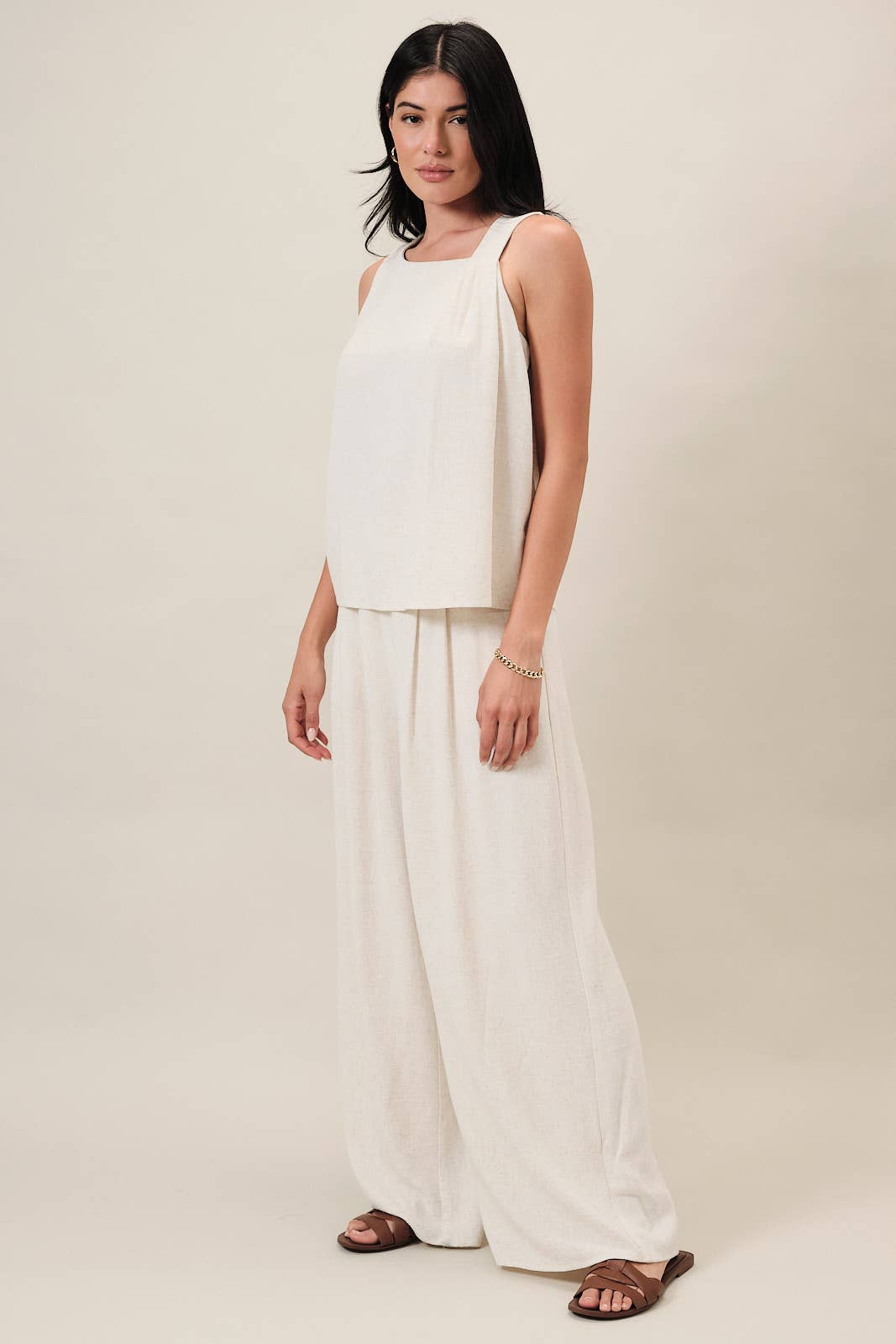 PLEATED DETAIL WIDE LEG LINEN PANTS