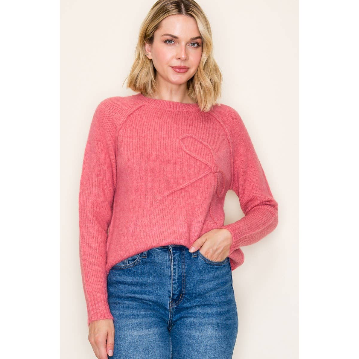 BOW EMBROIDERED PULLOVER SWEATER