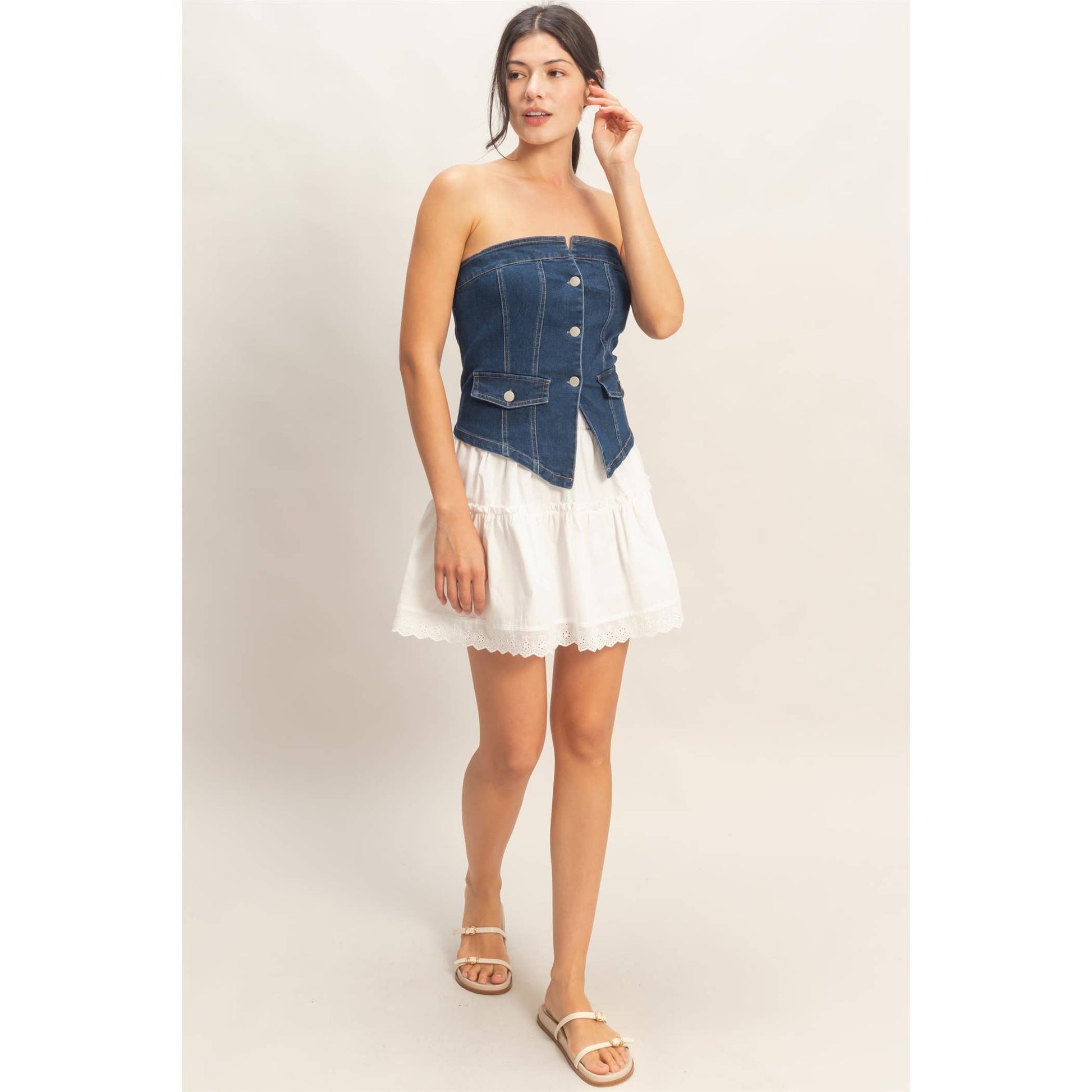 Strapless Button-Up Denim Top