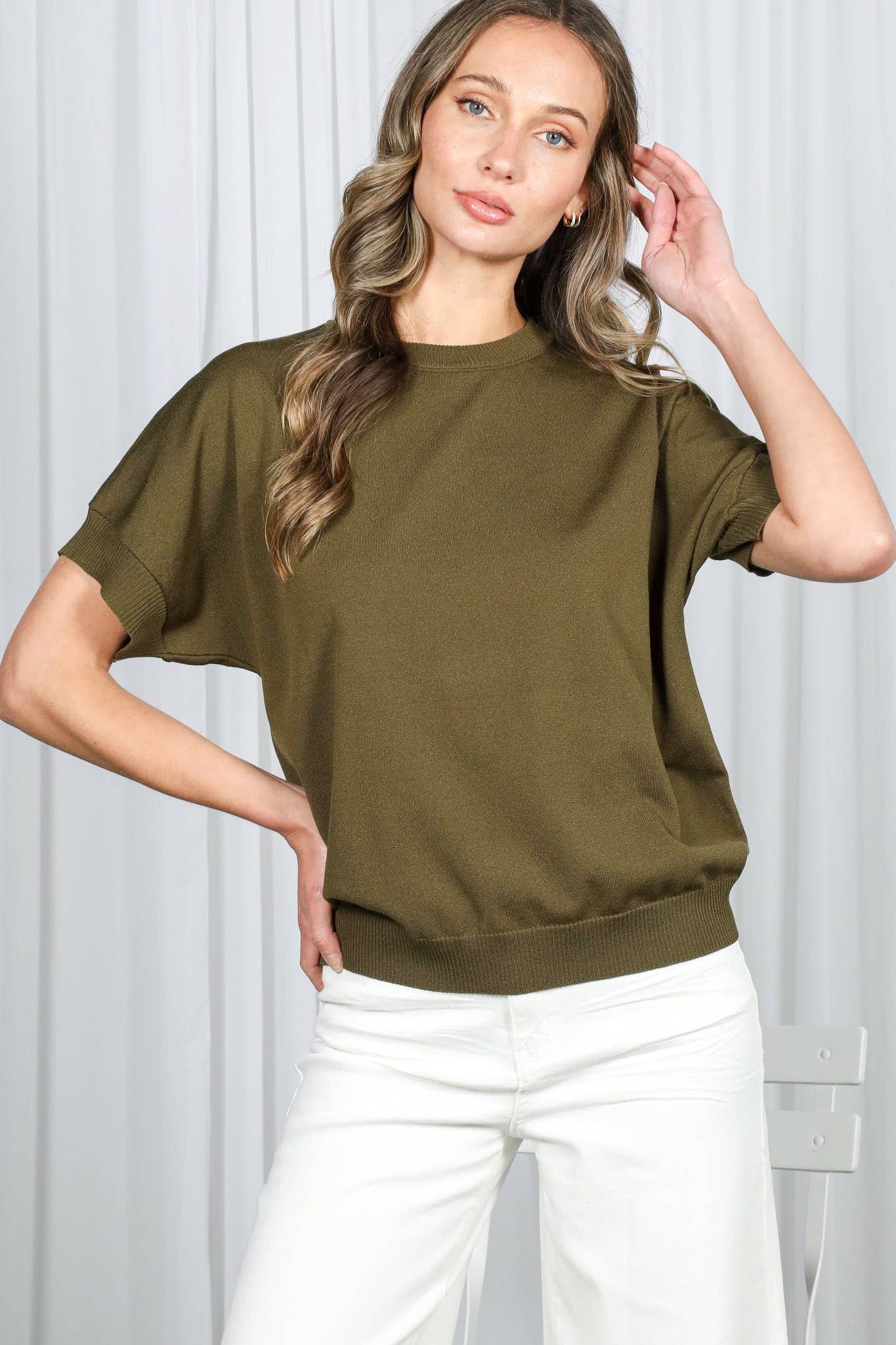 Crew Neck Short Dolman Lightweight Sweater