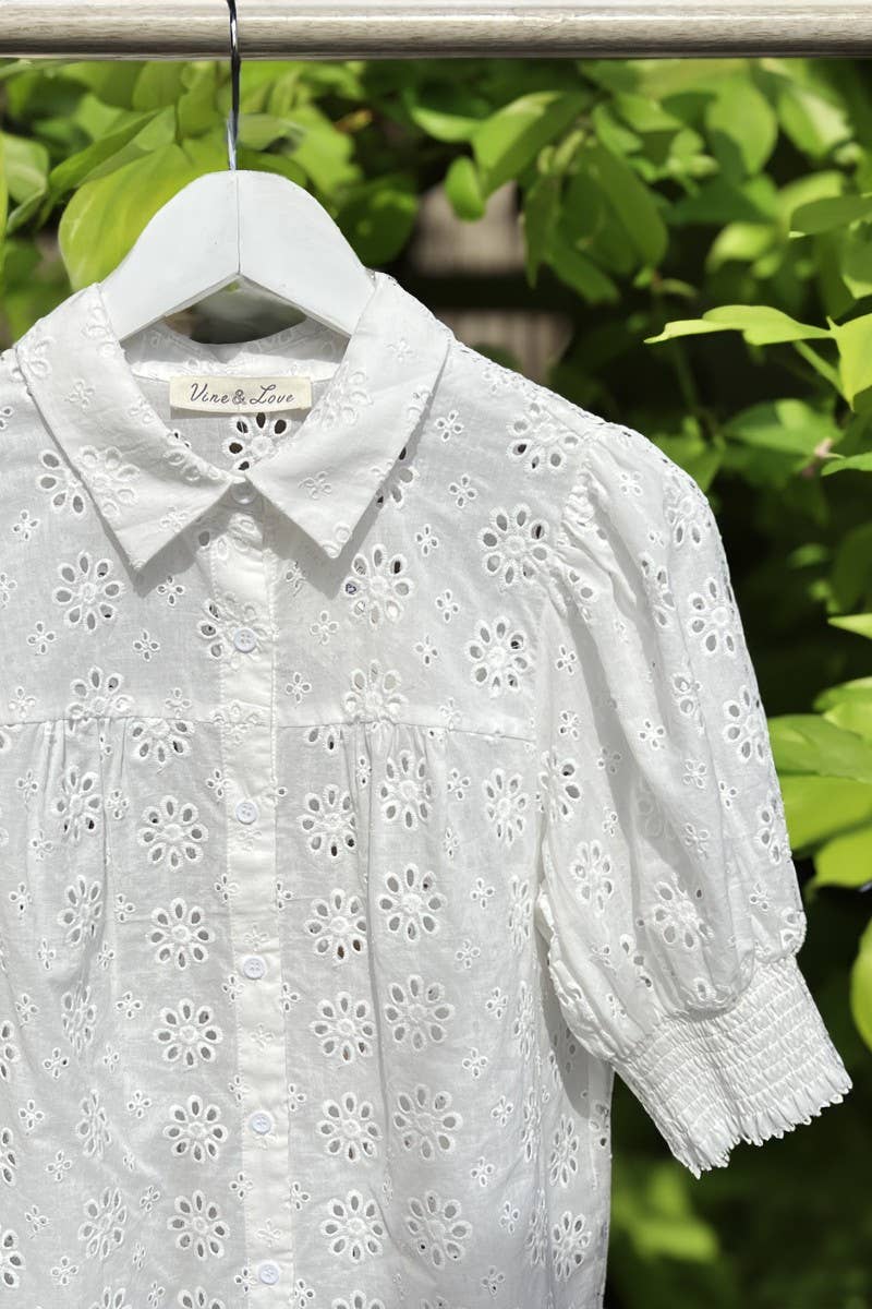 Floral Eyelet Lace 100%Cotton Collared Blouse