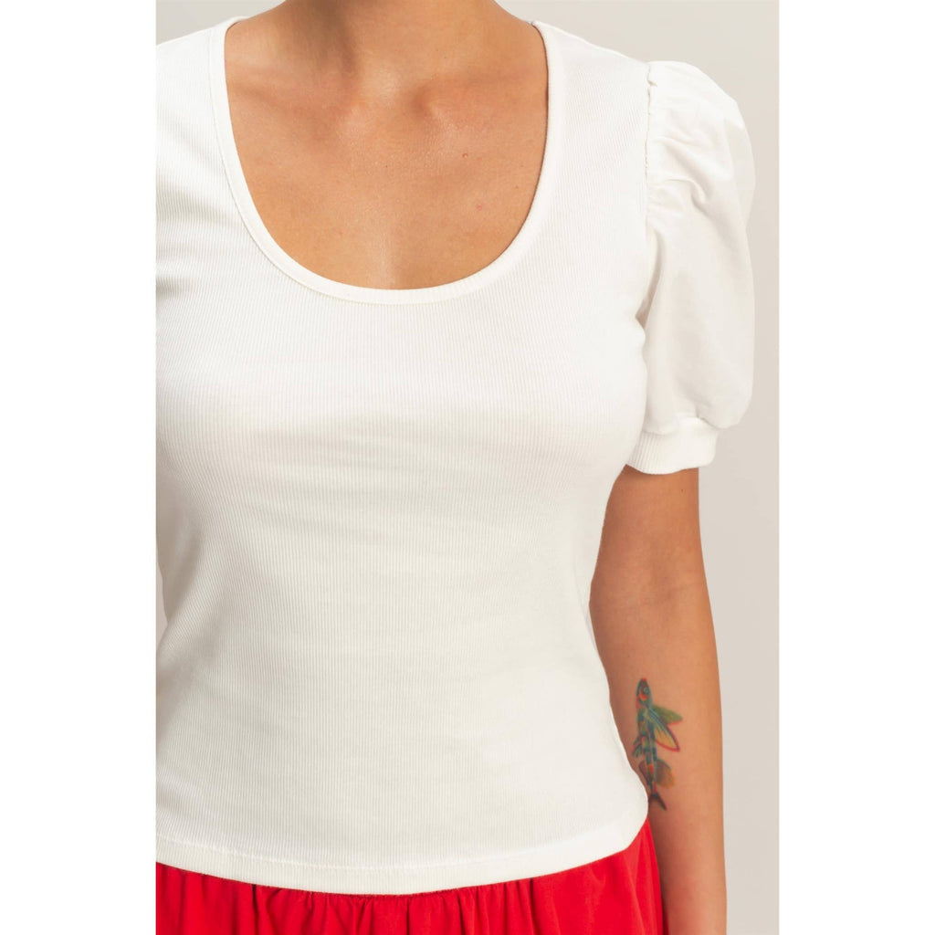 Ribbed Puff Sleeve Scoop Neck Top
