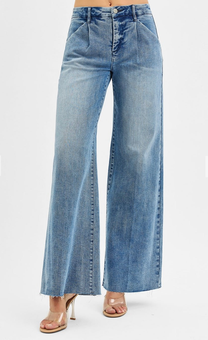 Risen High Rise Wide Leg Pleated Jeans