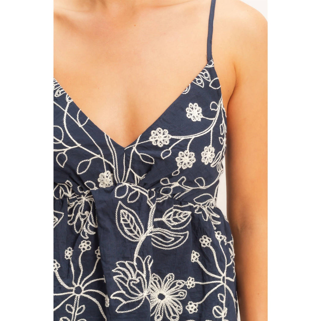 Embroidered V-Neck Smocked Top