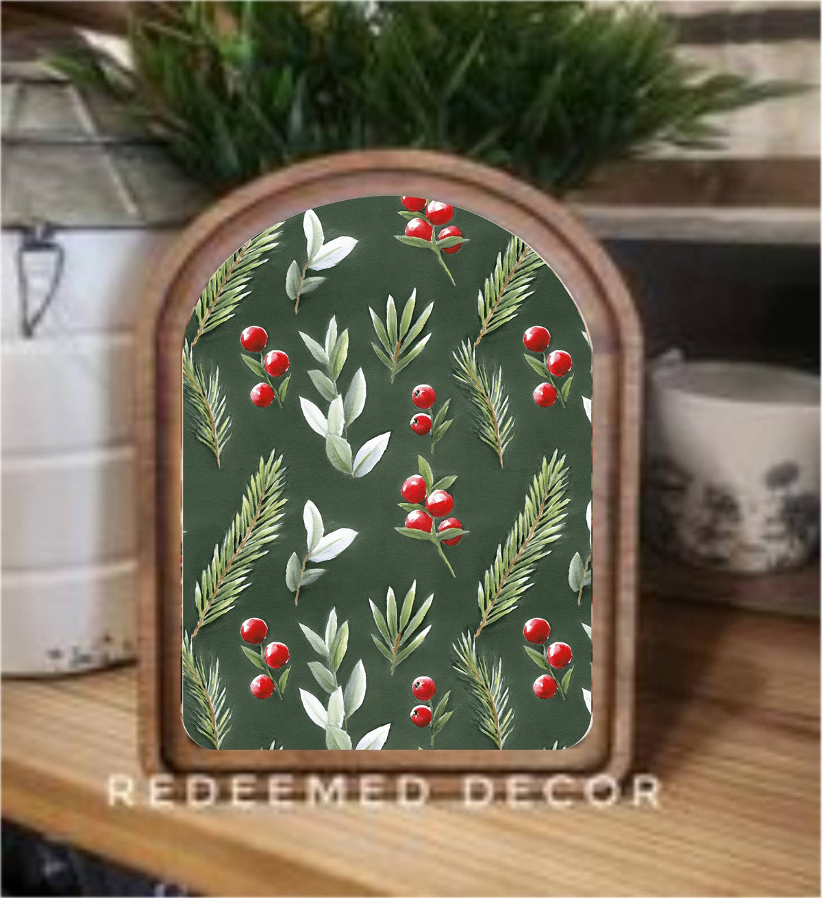 Arch Top Green With Berries Framed Art 8x11