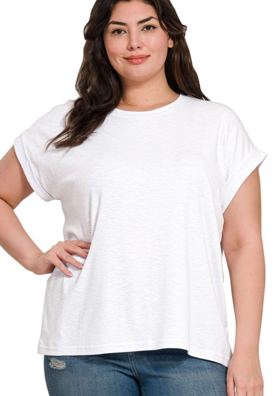 Curvy Cotton Modal Slub Knit Rolled Sleeve Tee