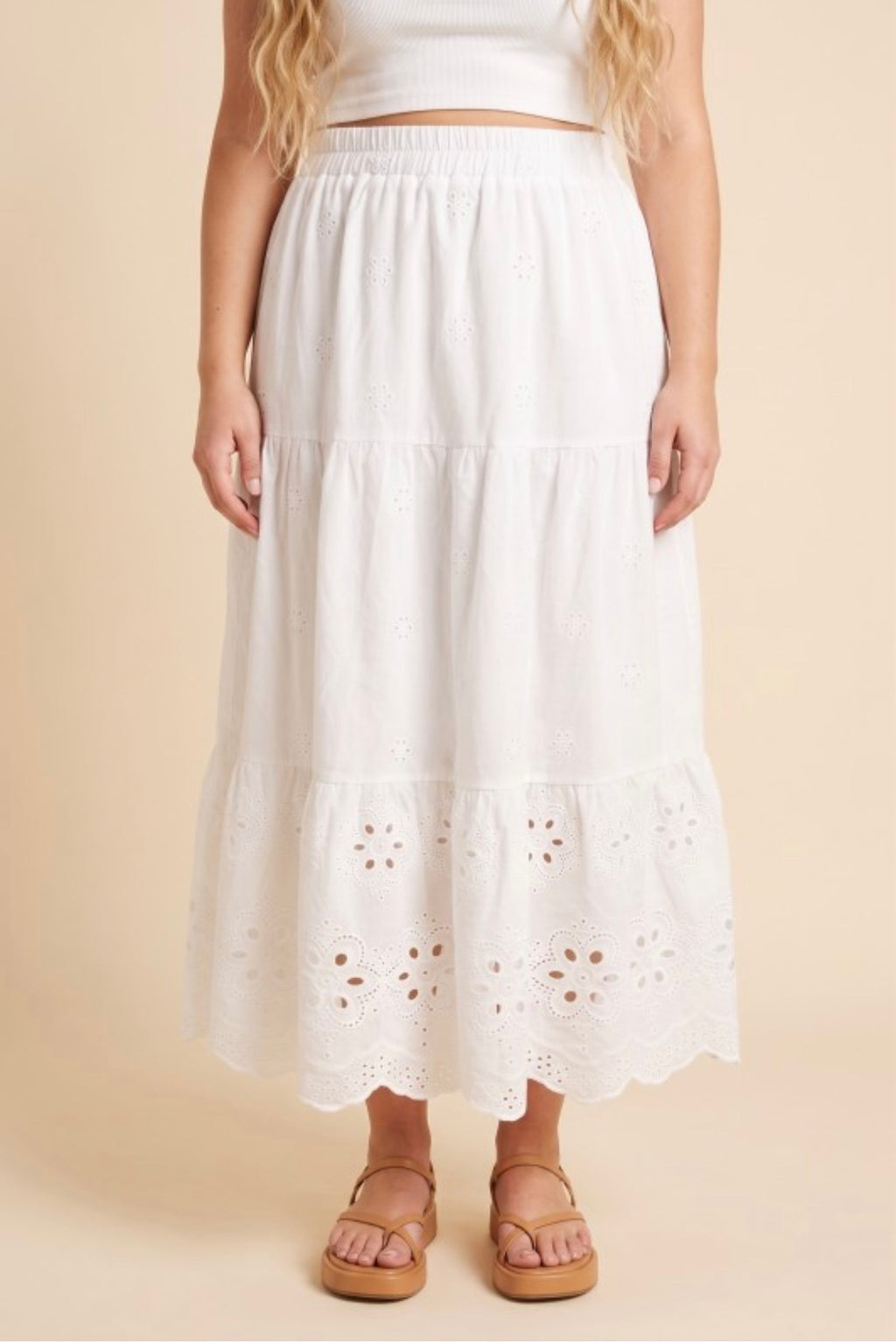 Scalloped Hem Eyelet Tiered Skirt