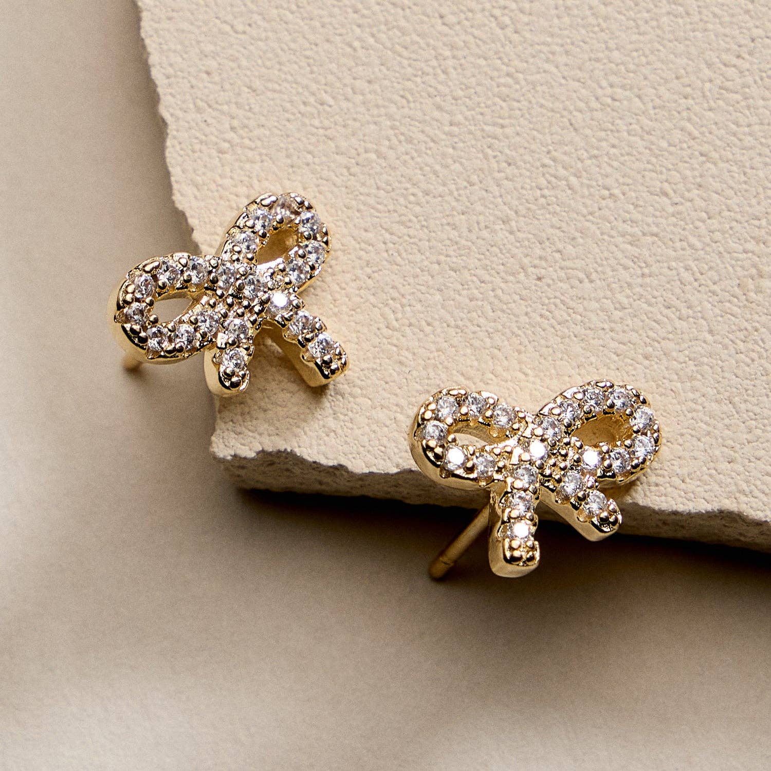 Gold Filled Bow Stud Earrings with Sparkling CZ Accents