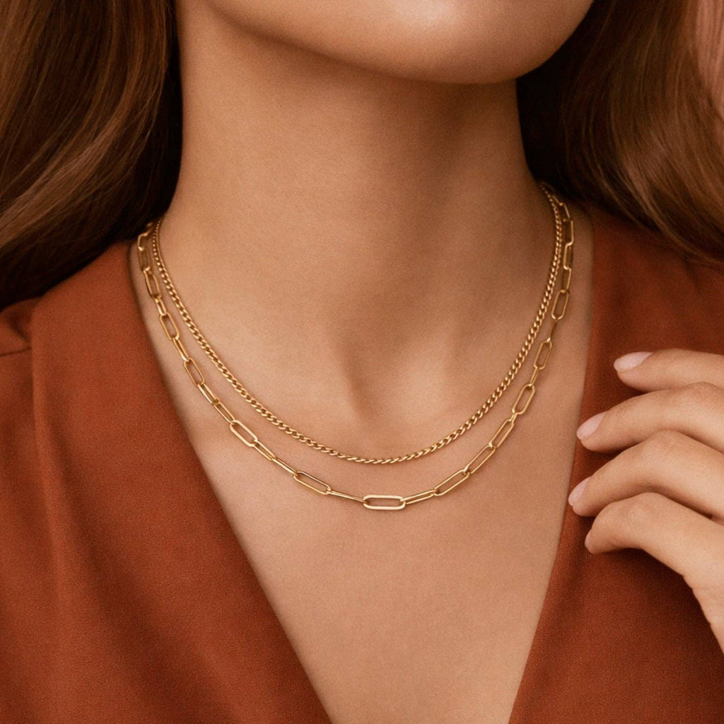 18K Gold Plated Waterproof Stainless Steel Paperclip Layered Necklace