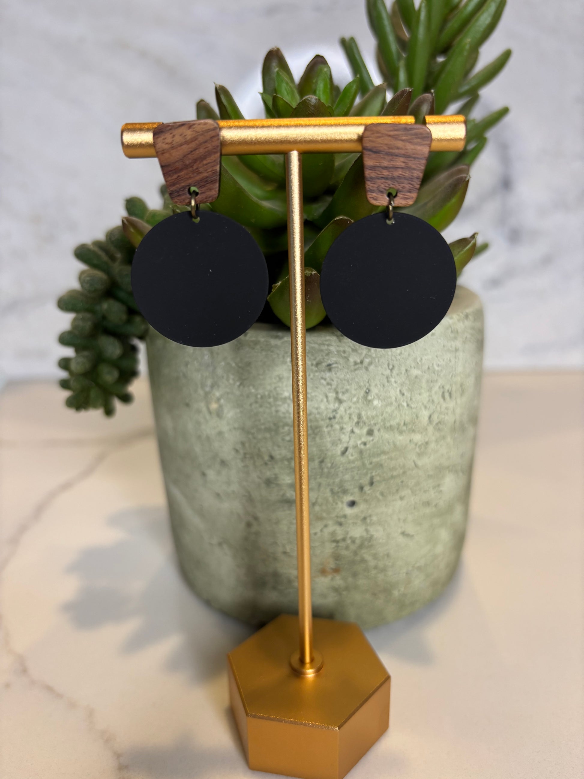 Metal and wood square earrings