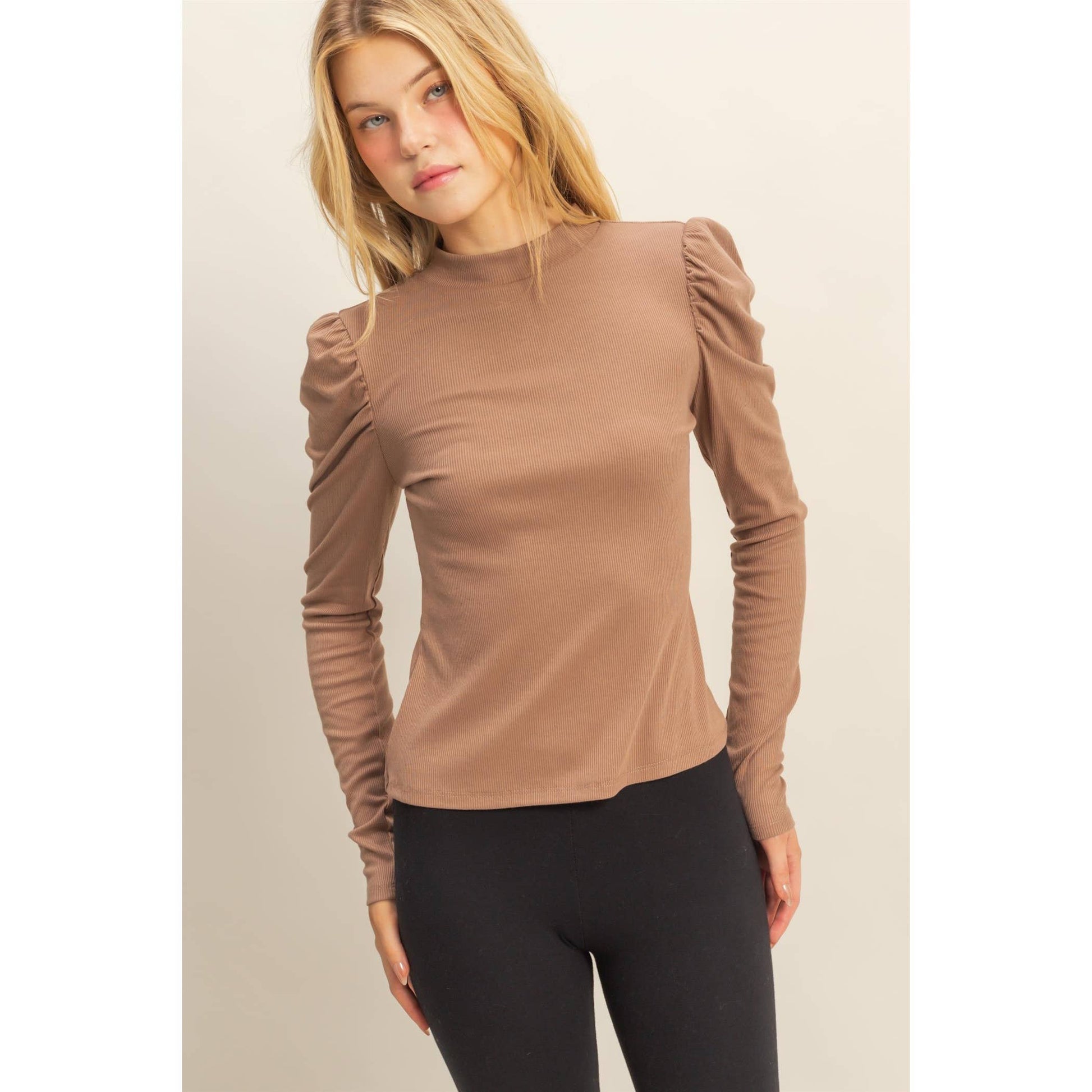 Elegant Puff-Sleeve Fitted Top With Keyhole Back