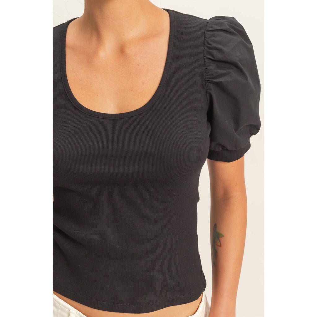 Ribbed Puff Sleeve Scoop Neck Top