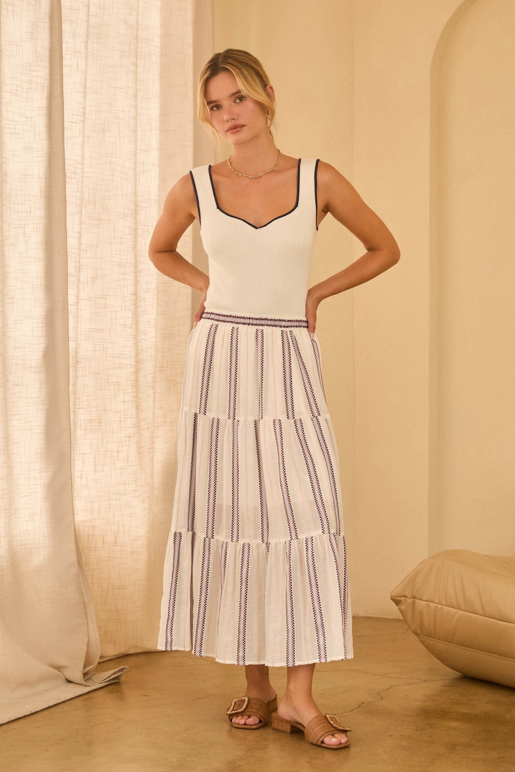 Stripe Tiered Midi Skirt