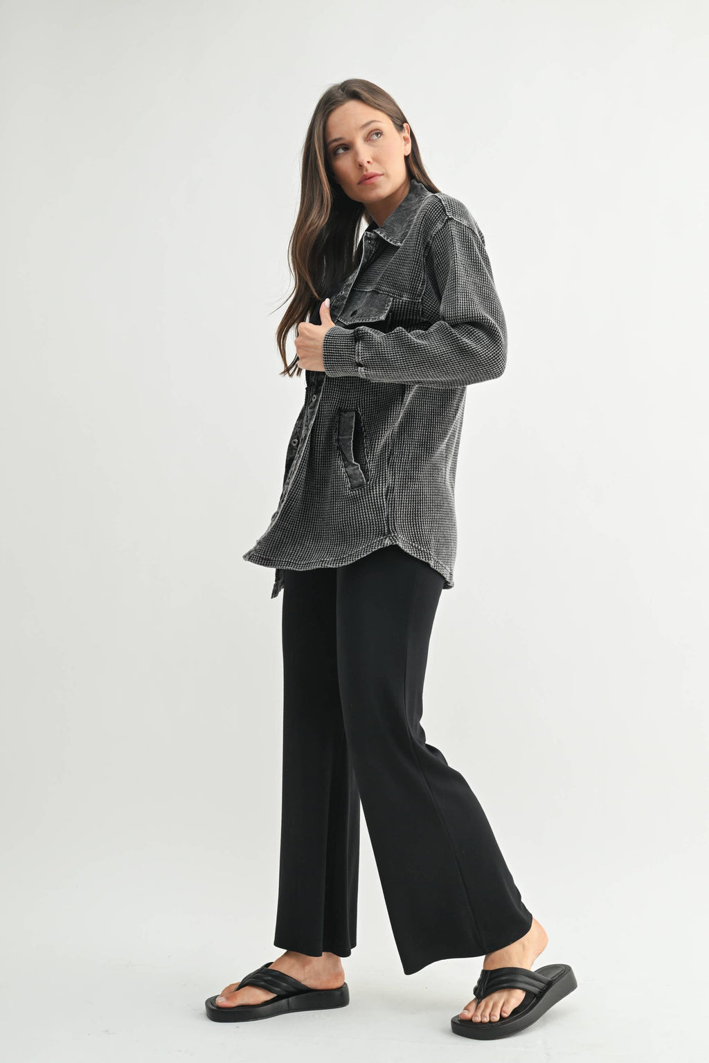 Waffle Knit Mineral-Washed Button Down Jacket