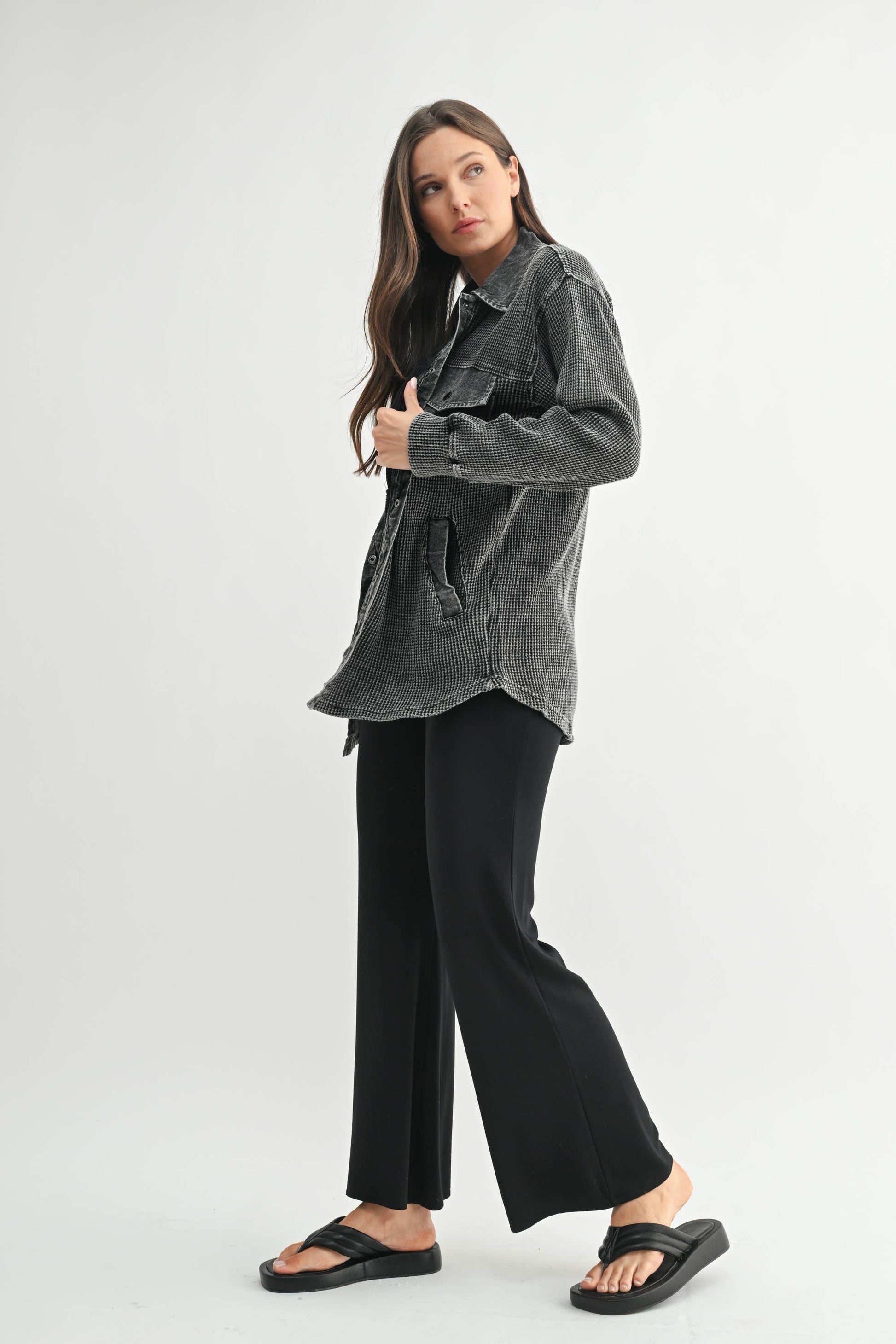 Waffle Knit Mineral-Washed Button Down Jacket