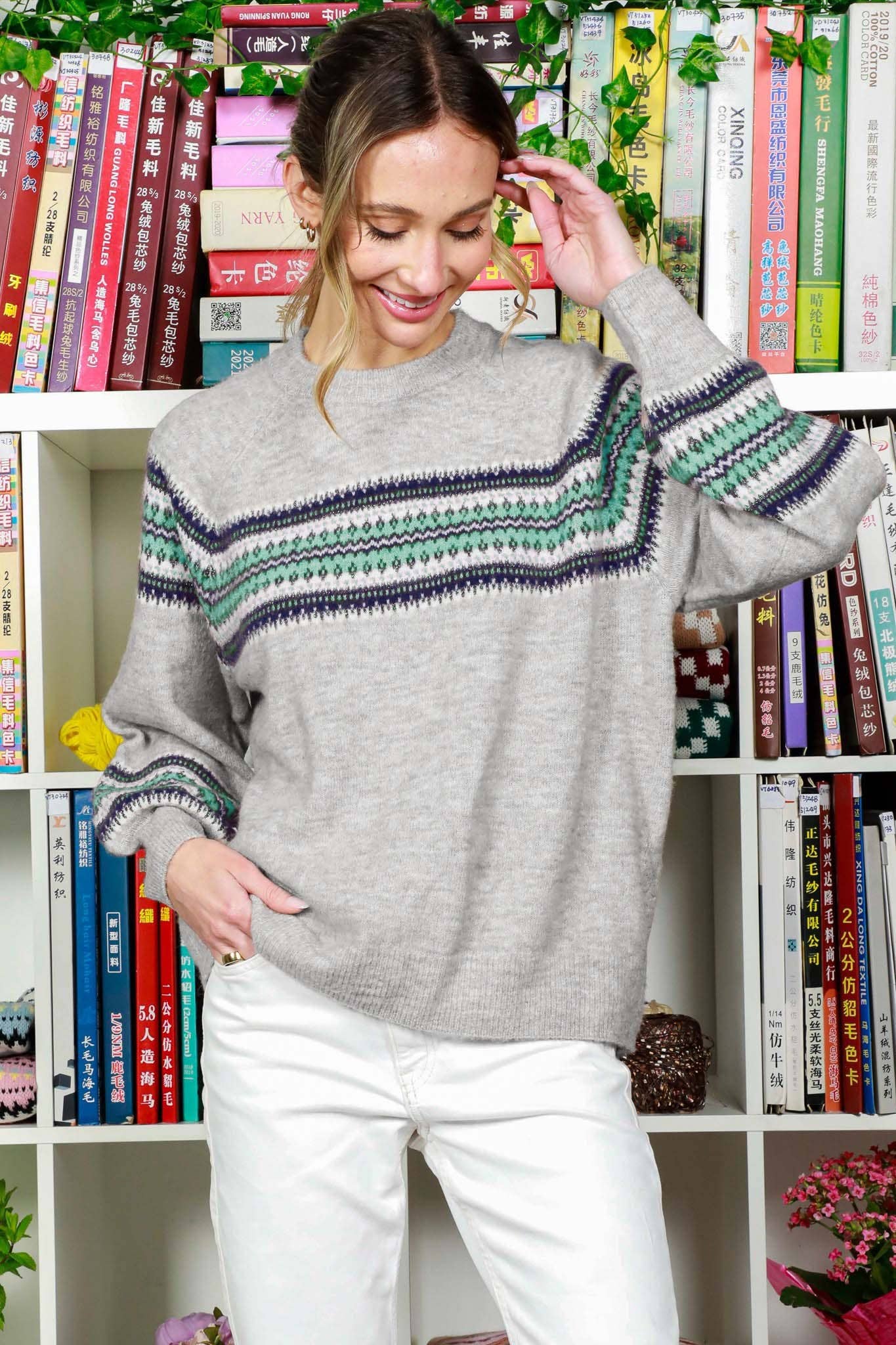 Crew Neck Balloon Sleeve Geo Pattern Printed Sweater