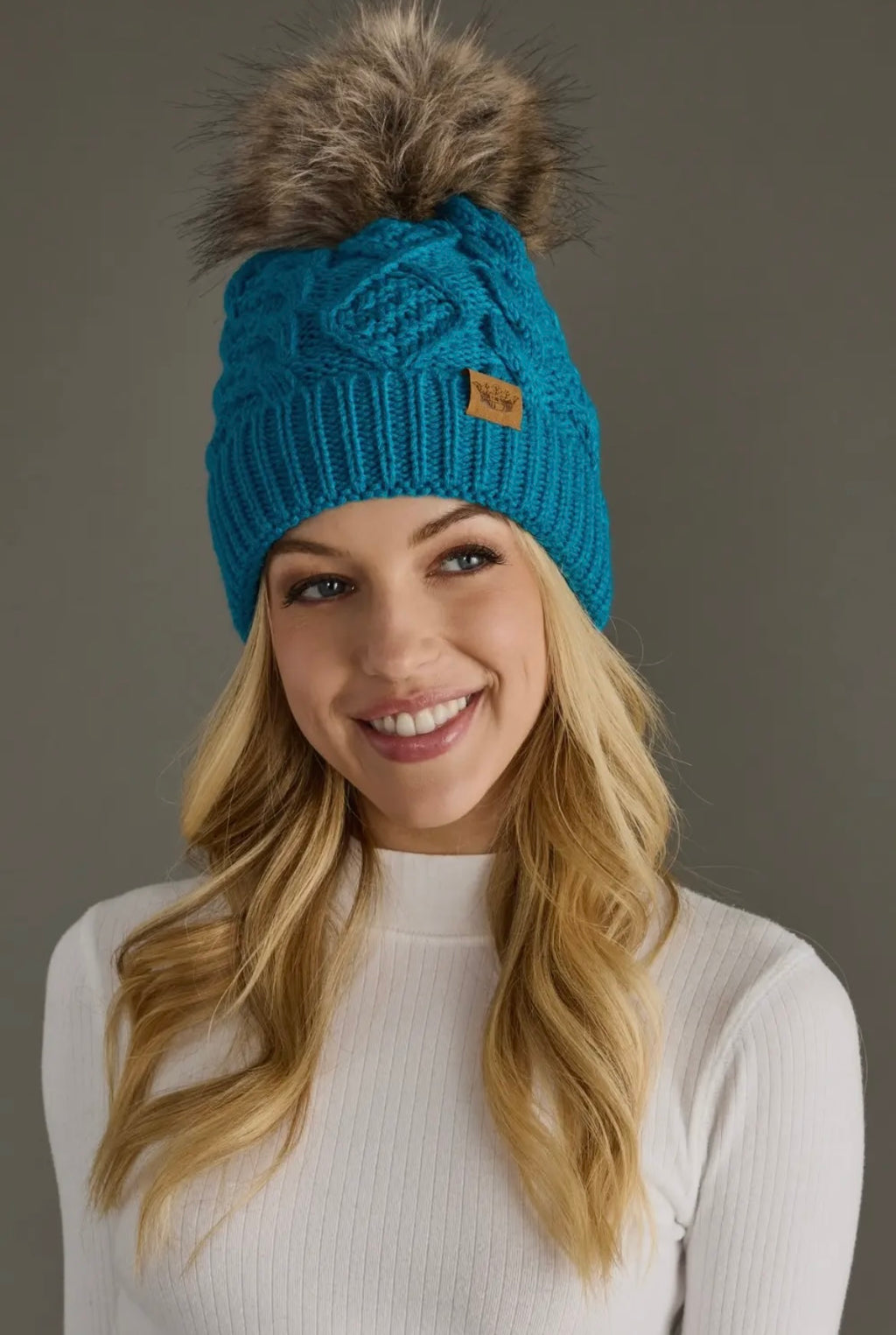 Sapphire Blue Cable Knit Pom Hat